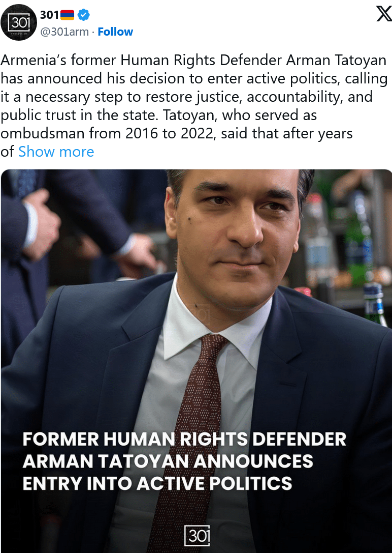 301 : Arman Tatoyan se lance en politique