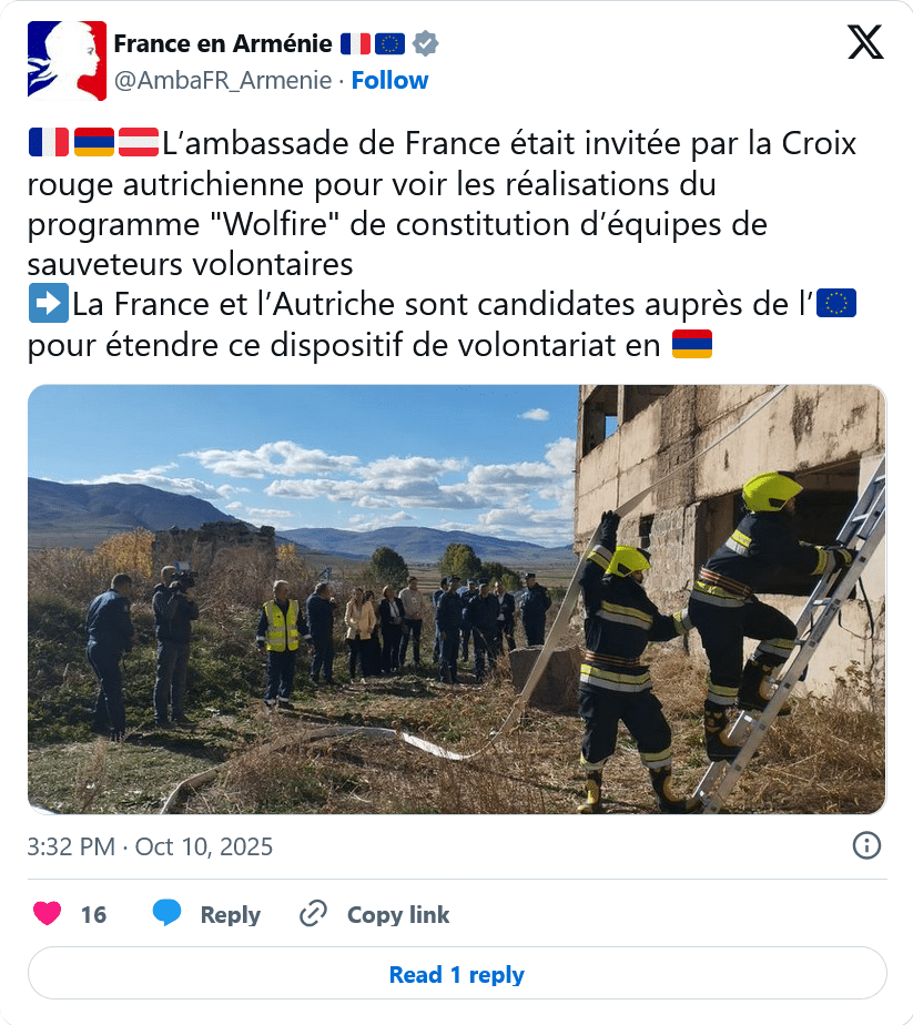 Ambassade de France : vers des équipes de sauveteurs volontaires en Arménie
