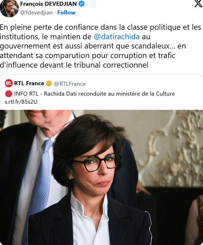F. Devedjian : le maintien de @datirachida  au gouvernement est aussi aberrant que scandaleux…