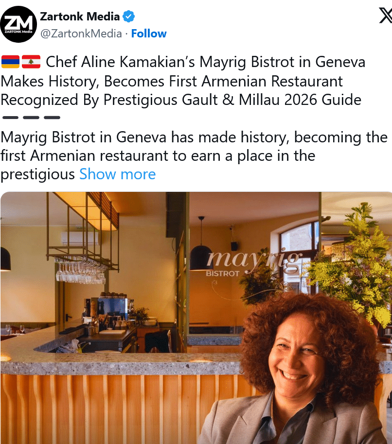 Zartong Media : First Armenian Restaurant Recognized By Prestigious Gault & Millau 2026 Guide
