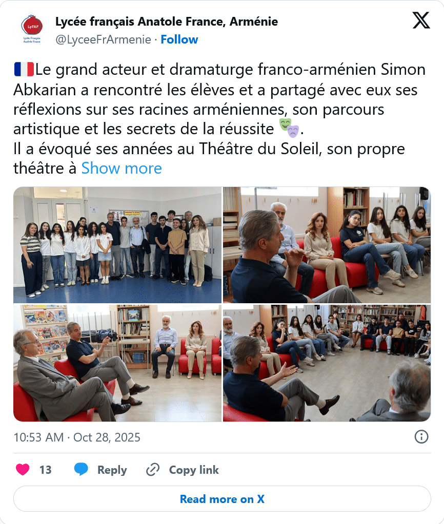 Lycée français Anatole France, Arménie : Simon Abkarian a rencontré les élèves et a partagé avec eux ses réflexions sur ses racines arméniennes