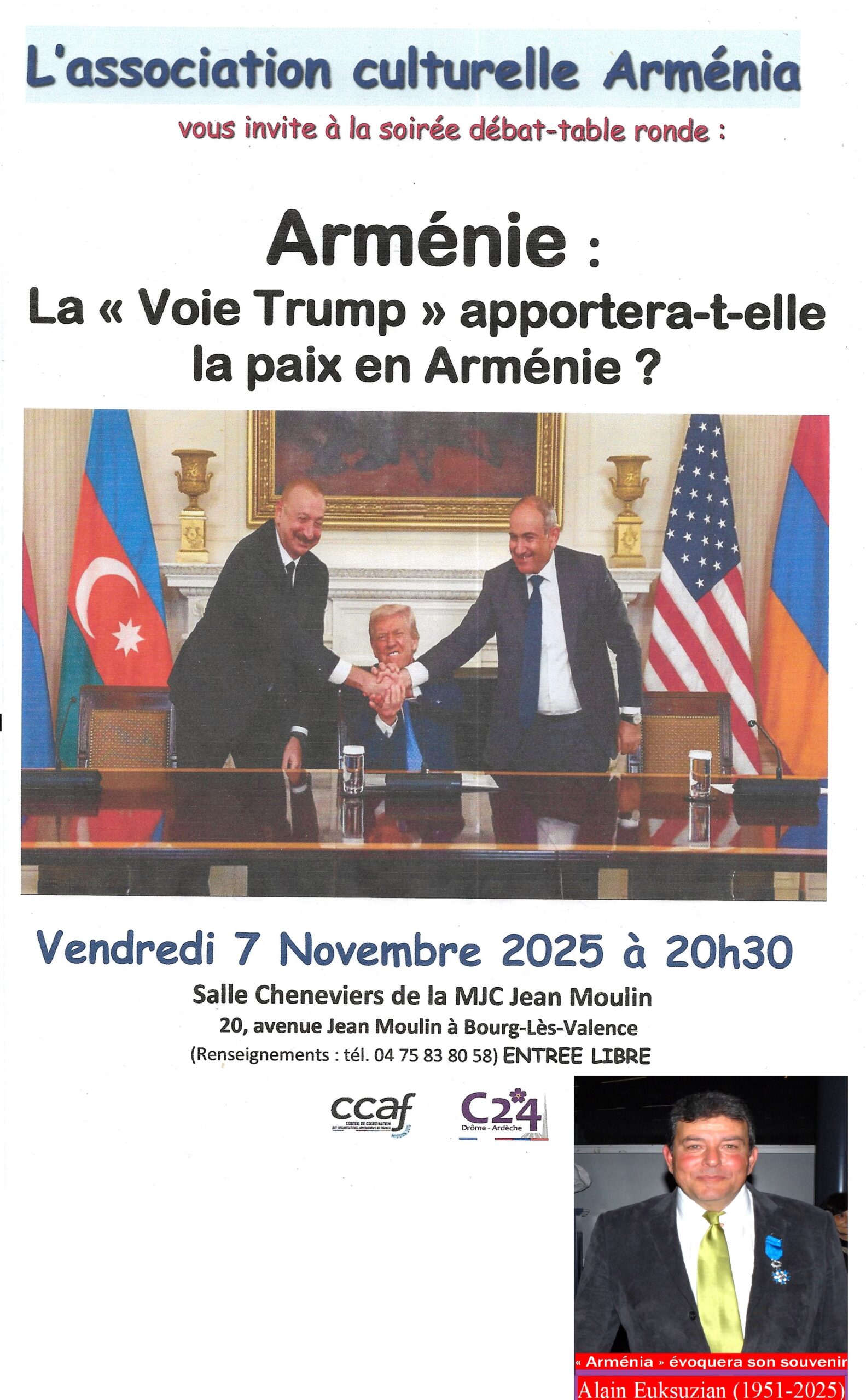 Bourg-lès-Valence ce Vendredi 7 Novembre, « Arménia » en débat sur : la « Voie Trump » apportera-t-elle la paix en Arménie ?