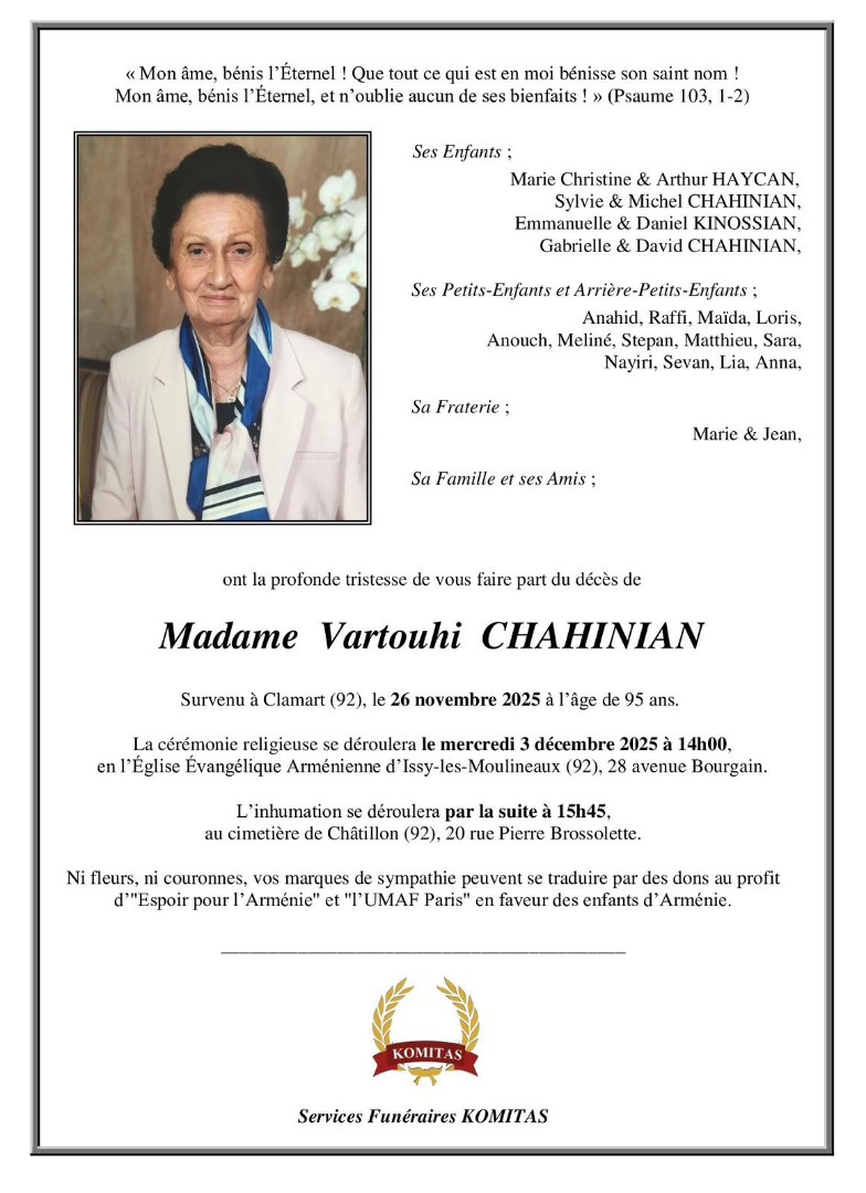 Clamart. Décès de Madame Vartouhi Chahinian