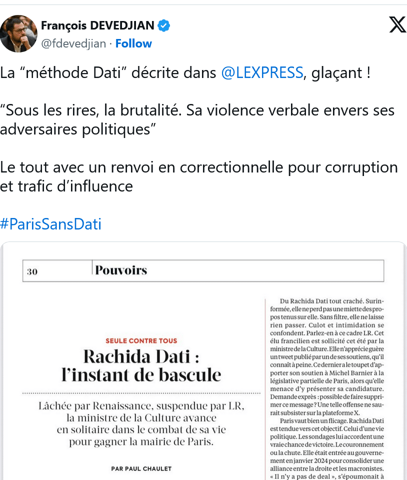 F. Devedjian : La “méthode Dati” décrite dans ⁦@LEXPRESS ⁩, glaçant !