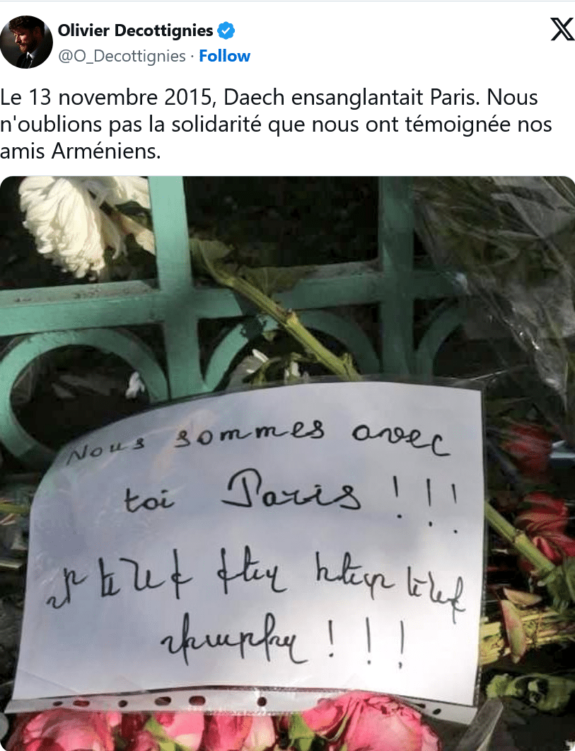 O. Decottignies : Nous n&rsquo;oublions pas la solidarité que nous ont témoignée nos amis Arméniens