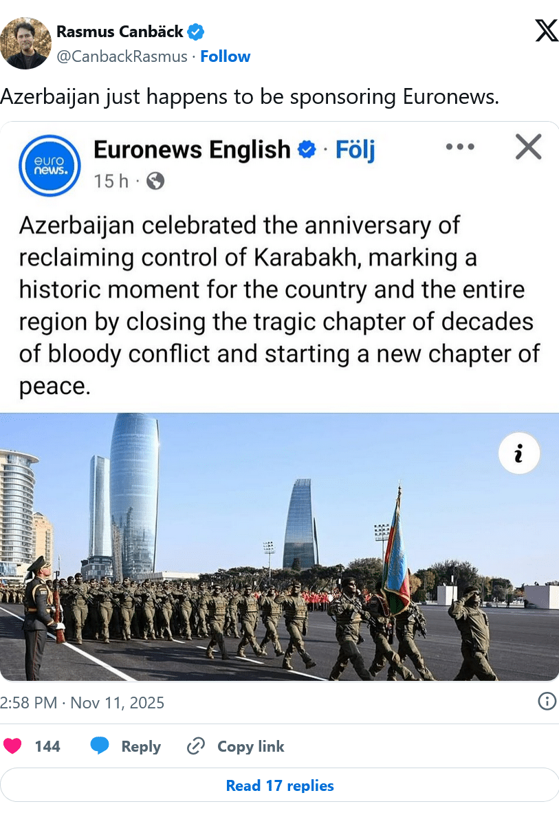 Rasmus Canbäck : l&rsquo;Azerbaidjan sponsorise euronews