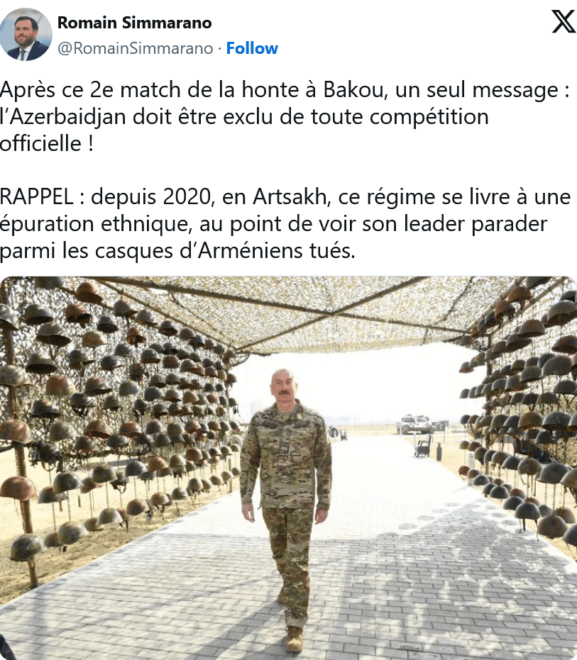 Romain Simmarano : l’Azerbaidjan doit être exclu de toute compétition officielle !