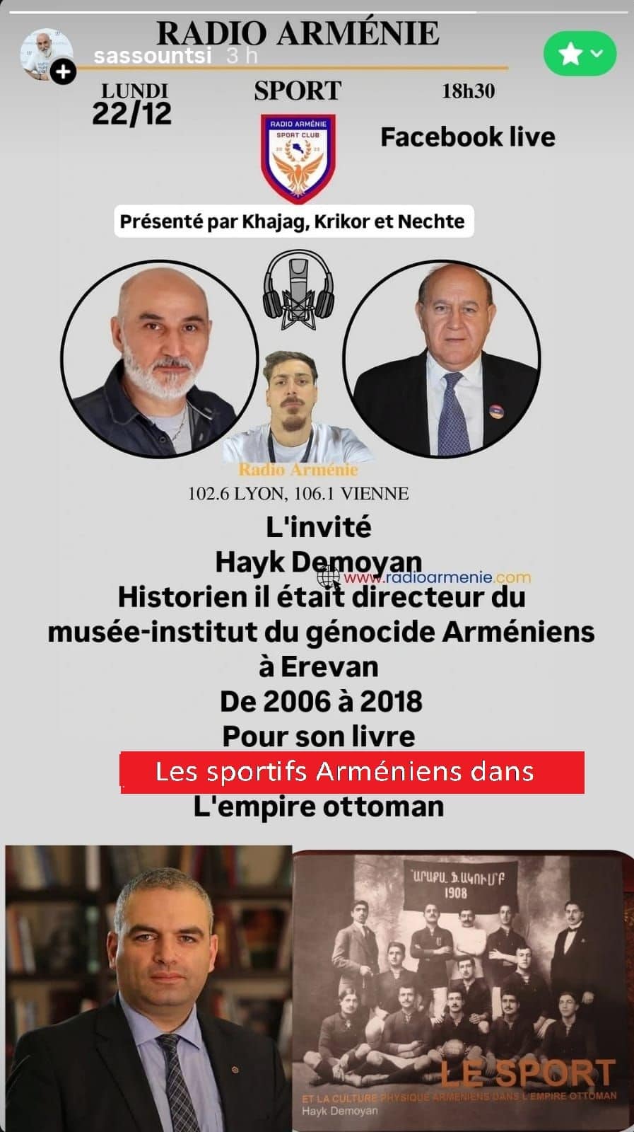 L’historien Hayk Demoyan est l’invité de l’émission « Sport » de Radio Arménie ce lundi à 18h30