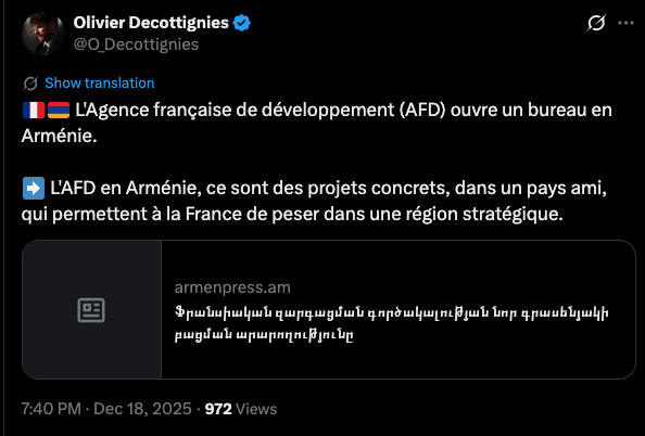 Olivier Decottignies : L&rsquo; Agence française de développement (AFD) ouvre un bureau en Arménie.