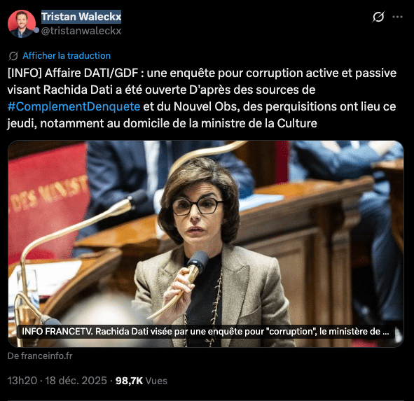 Tristan Waleckx : une enquête pour corruption active et passive visant Rachida Dati a été ouverte