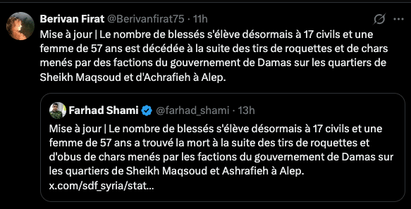 Berivan Firat : Les tirs mortels du gouvernement de Damas sur les quartiers de Sheikh Maqsoud et Achrafieh à Alep