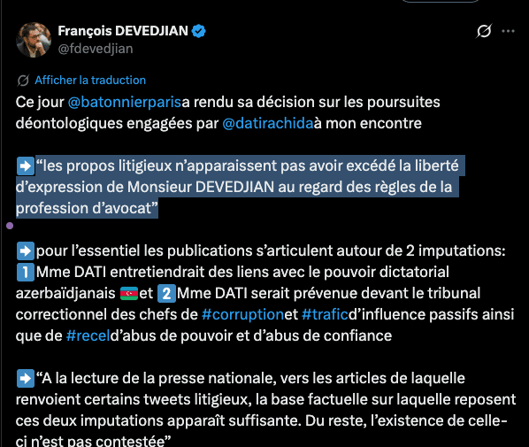 François Devedjian : “les propos litigieux n’apparaissent pas avoir excédé la liberté d’expression de Monsieur DEVEDJIAN au regard des règles de la profession d’avocat”