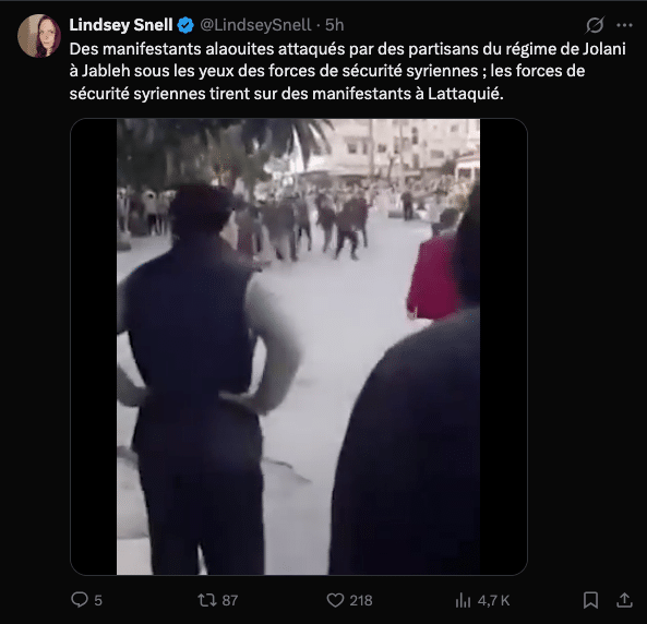 Lindsey Snell : Des manifestants alaouites attaqués par des partisans du régime de Jolani à Jableh