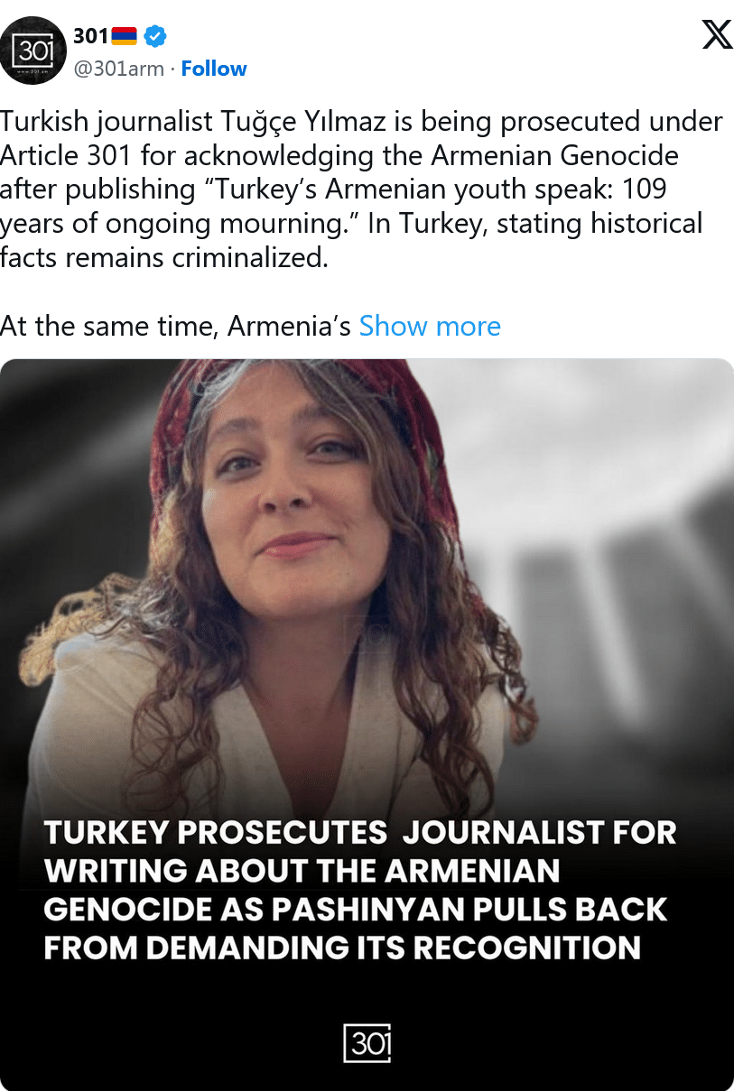 301 : La journaliste turque Tuğçe Yılmaz est poursuivie en vertu de l&rsquo;article 301 pour avoir reconnu le génocide arménien