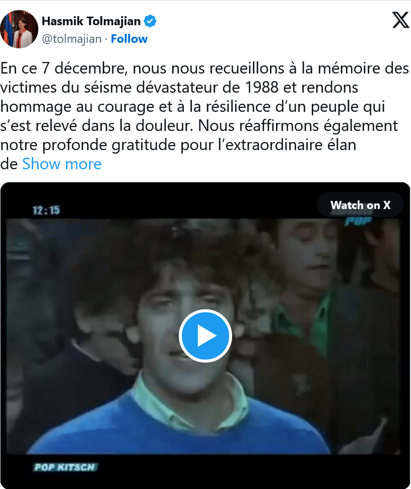 H. Tolmajian : Nous nous recueillons à la mémoire des victimes du séisme dévastateur de 1988