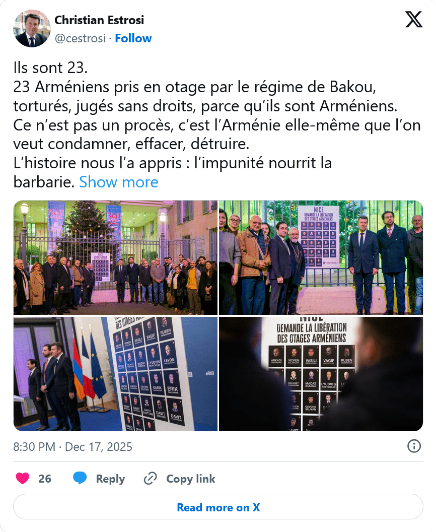 C. Estrosi : 23 Arméniens pris en otage par le régime de Bakou, torturés, jugés sans droits, parce qu’ils sont Arméniens