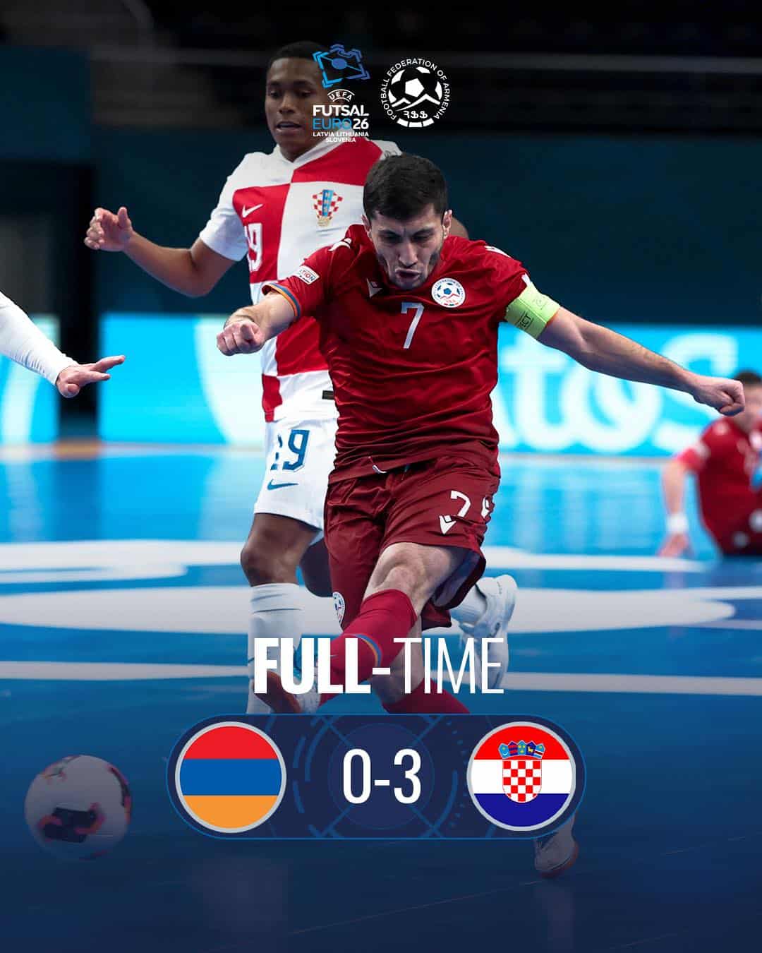 L&rsquo;équipe d’Arménie de futsal aux portes de la demi-finale, s&rsquo;est inclinée face à la Croatie (0-3) en quarts de finale de l’Euro 2026