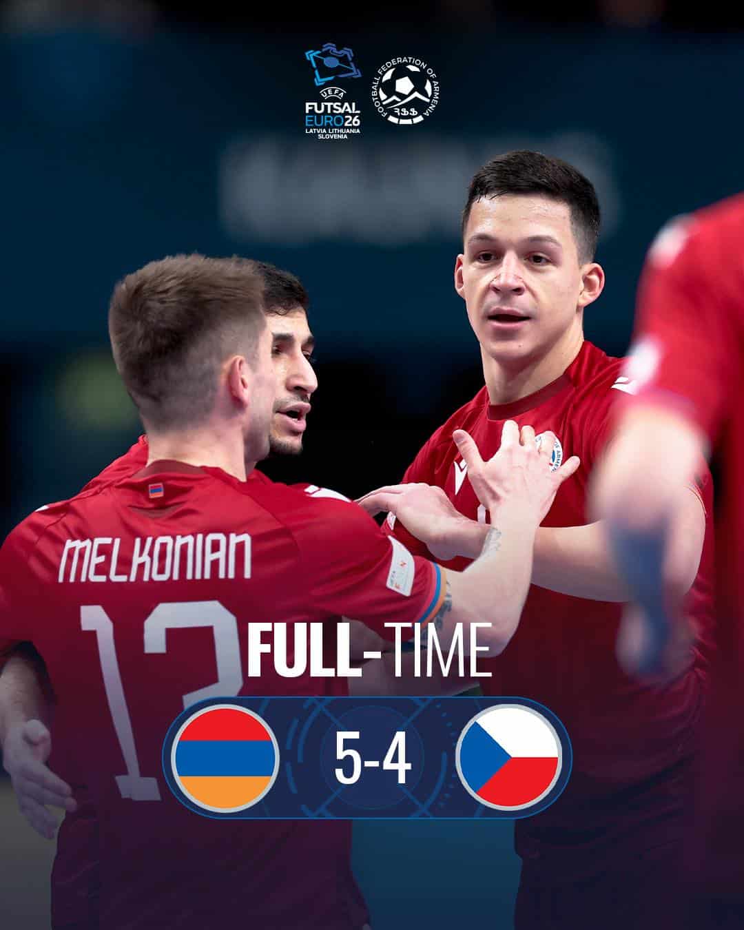 Exploit historique ! L&rsquo;équipe nationale d’Arménie de futsal bat la République tchèque 5-4 et se qualifie pour les quarts de finale de l’Euro 2026