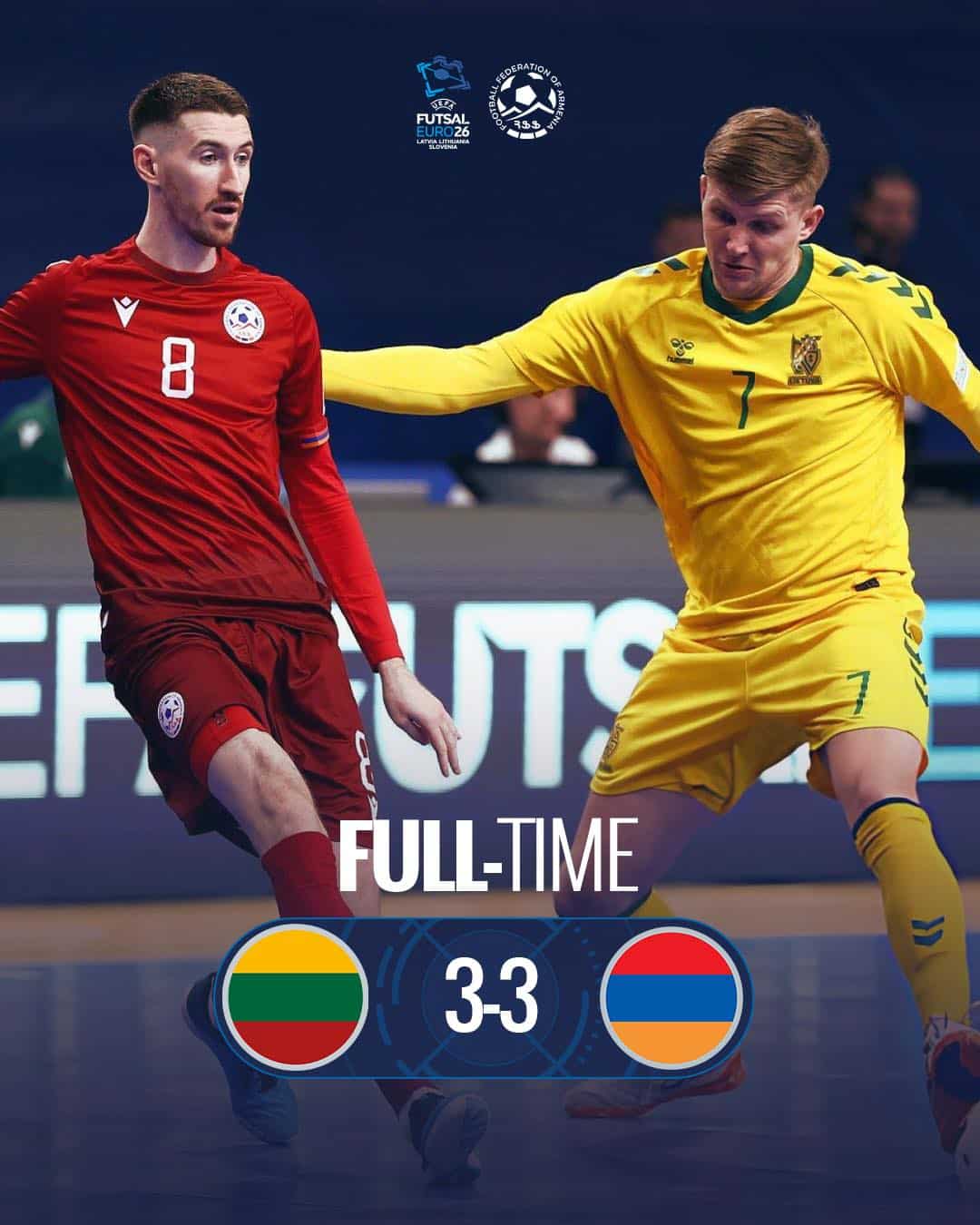 Arménie-Lituanie (3-3) pour son troisième et dernier match, l’Arménie qualifiée pour les 1/4 de finale de l’Euro 2026 de futsal rencontrera samedi la Croatie
