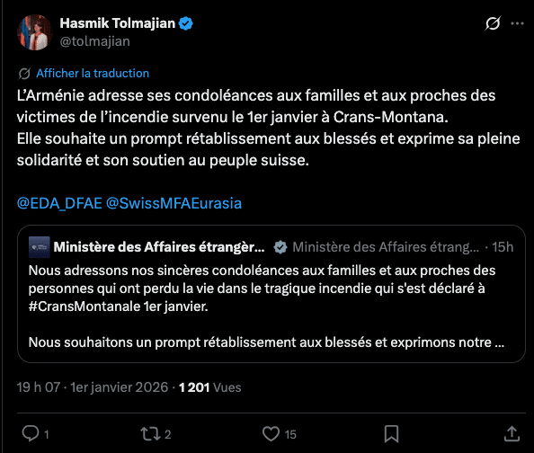 Hasmik Tolmajian : L’Arménie adresse ses condoléances aux familles et aux proches des victimes de l’incendie survenu à Crans-Montana