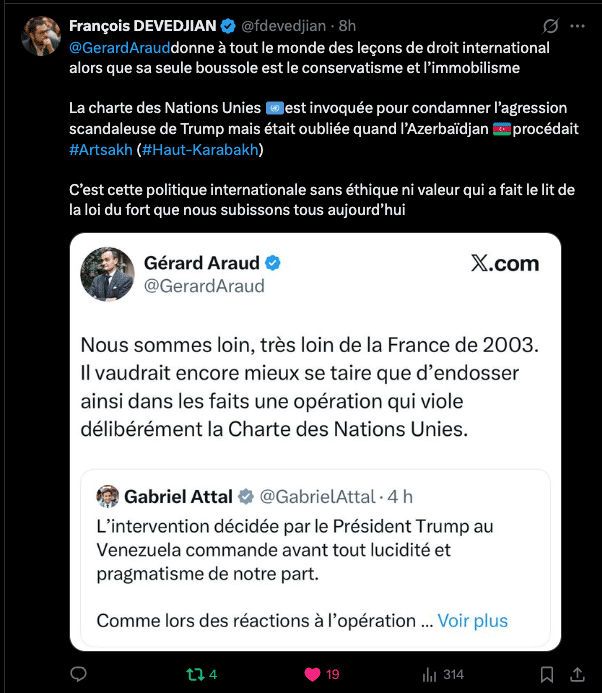 François Devedjian : La charte des Nations Unies est invoquée pour condamner l’agression de Trump mais ooublié pour l&rsquo;Artsakh