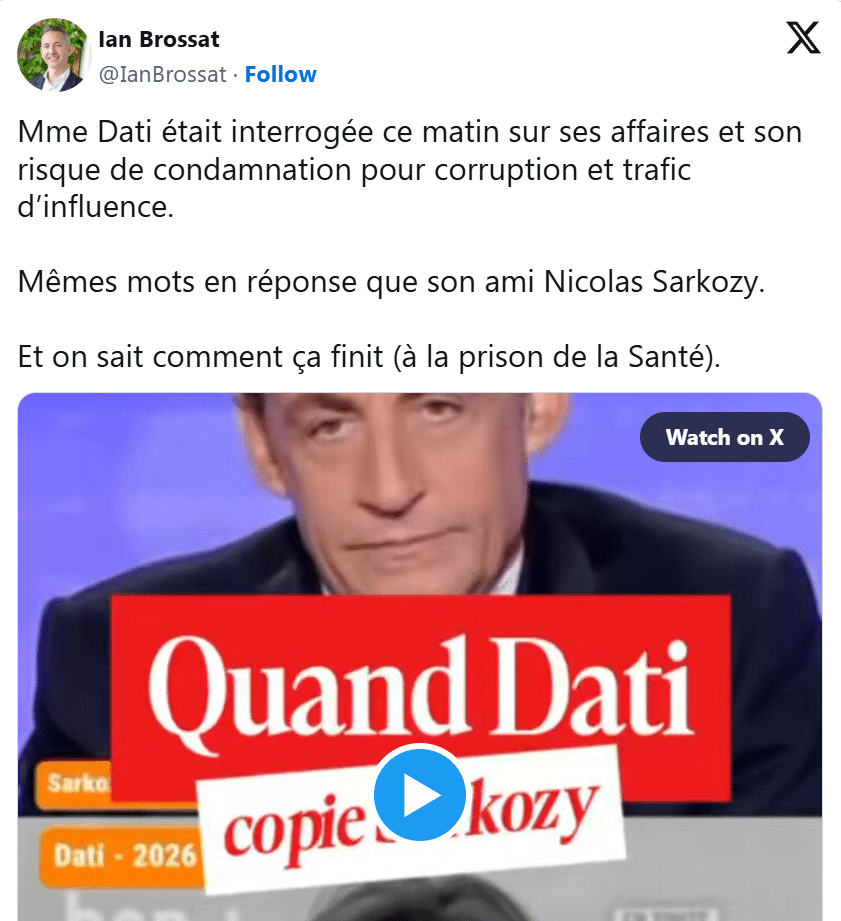 Ian Brossat : Mme Dati était interrogée ce matin sur ses affaires et son risque de condamnation pour corruption et trafic d’influence