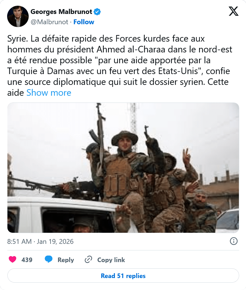 G. Malbrunot : La défaite rapide des Forces kurdes en Syrie rendue possible avec l&rsquo;aide d&rsquo;Ankara et le OK de Trump
