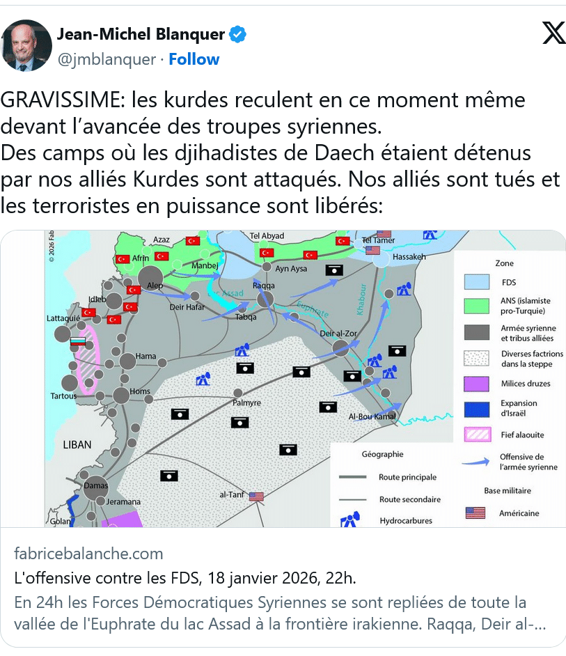 J.M. Blanquer : GRAVISSIME: les kurdes reculent en ce moment même devant l’avancée des troupes syriennes