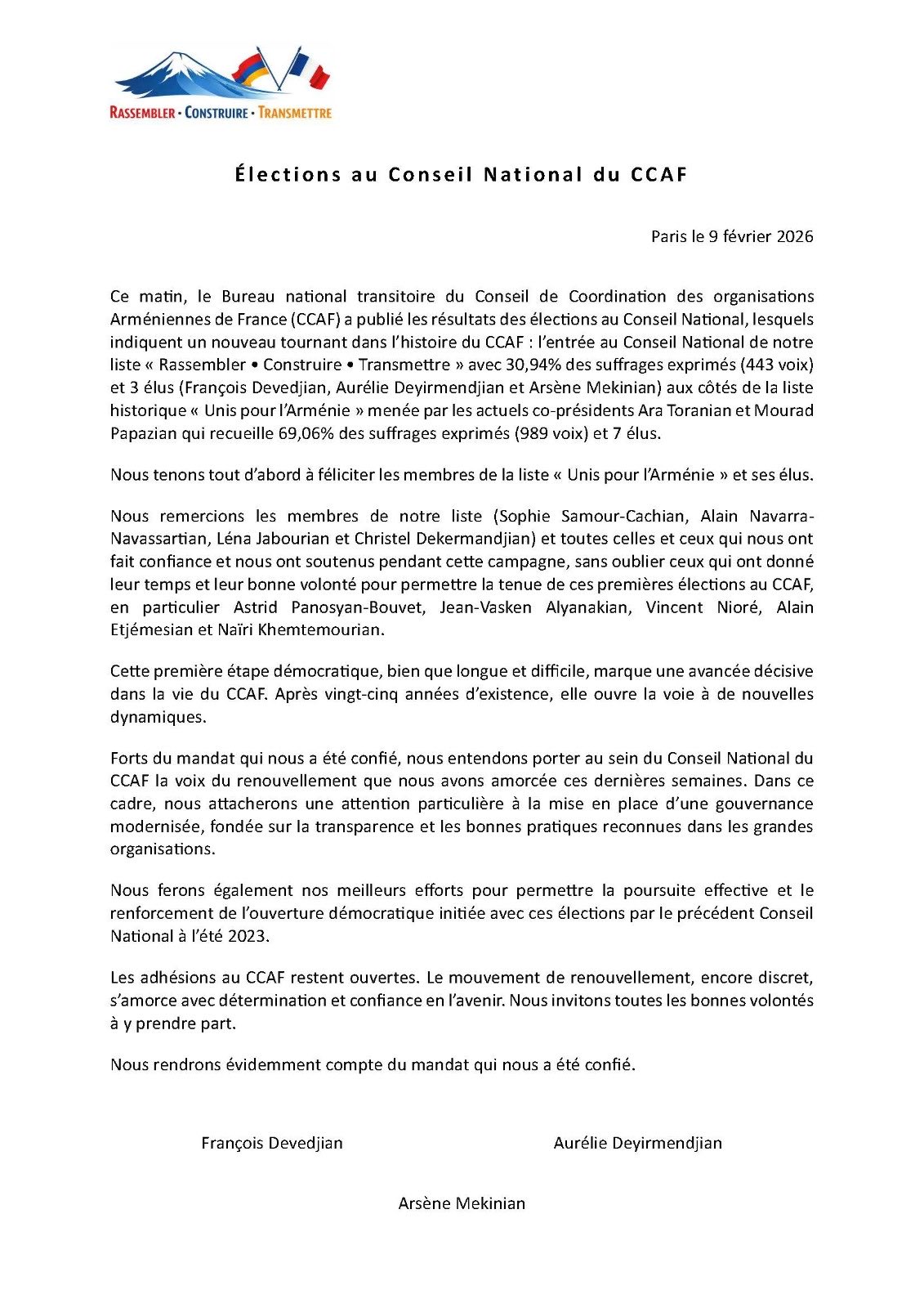 Elections au CCAF : Communiqué de la liste Rassembler – Construire – Transmettre