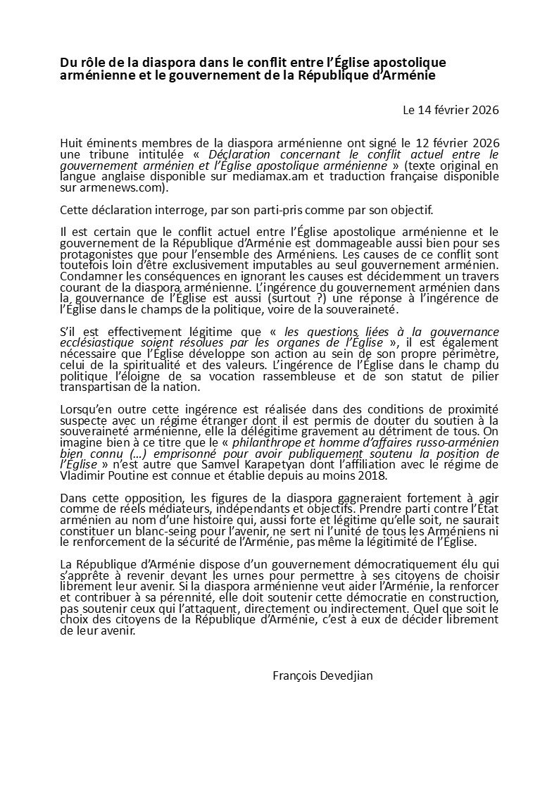 François Devedjian : Ma réponse à la déclaration de 8 éminents membres de la diaspora arménienne sur le conflit opposant l’Eglise apostolique arménienne et le gouvernement de la République d’Arménie