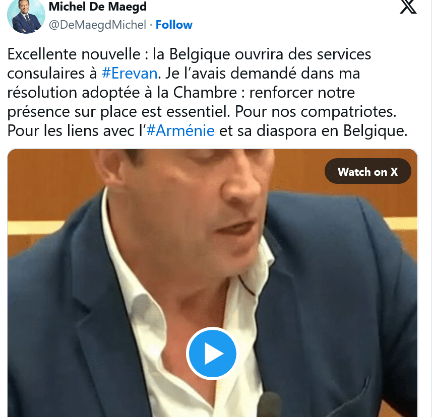 Michel De Maegd : la Belgique ouvrira des services consulaires à #Erevan