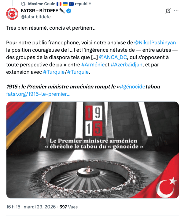 Republié par Maxime Gauin : la très nationaliste Fédération des Associations Turques de Suisse Romande tresse des Lauriers à Pachinian