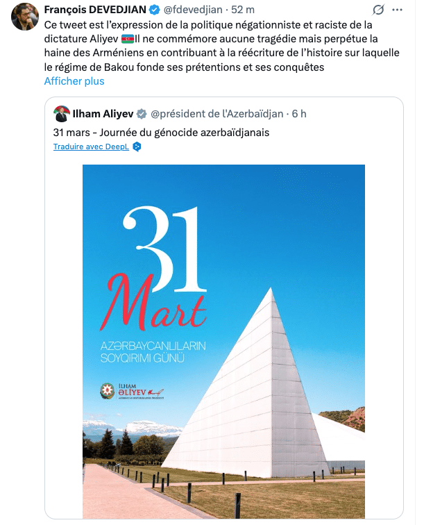 François Devedjian : Ce tweet est l’expression de la politique négationniste et raciste de la dictature Aliyev