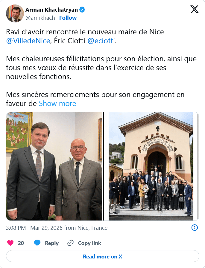 Arman Khachatryan : Ravi d’avoir rencontré le nouveau maire de Nice , Éric Ciotti