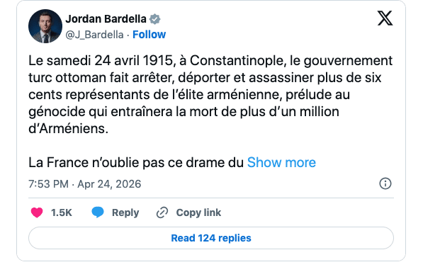 Jordan Bardella : La France n’oublie pas ce drame du siècle dernier