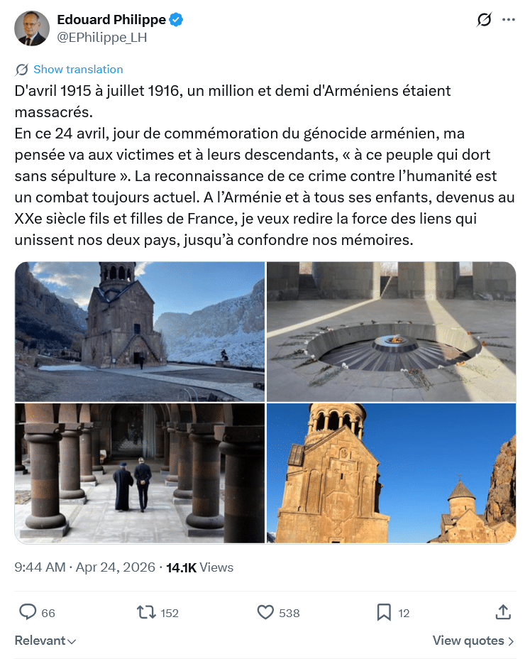 Edouard Philippe : En ce 24 avril, jour de commémoration du génocide arménien, ma pensée va aux victimes et à leurs descendants, « à ce peuple qui dort sans sépulture »