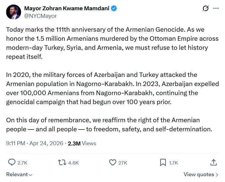 Zoran Mamdani, maire de New York : En ce jour de commémoration, nous réaffirmons le droit du peuple arménien — et de tous les peuples — à la liberté, à la sécurité et à l&rsquo;autodétermination.