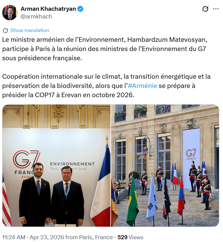 Arman Khachatryan : Le ministre arménien de l’Environnement, Hambardzum Matevosyan, participe à Paris à la réunion des ministres de l’Environnement du G7 sous présidence française