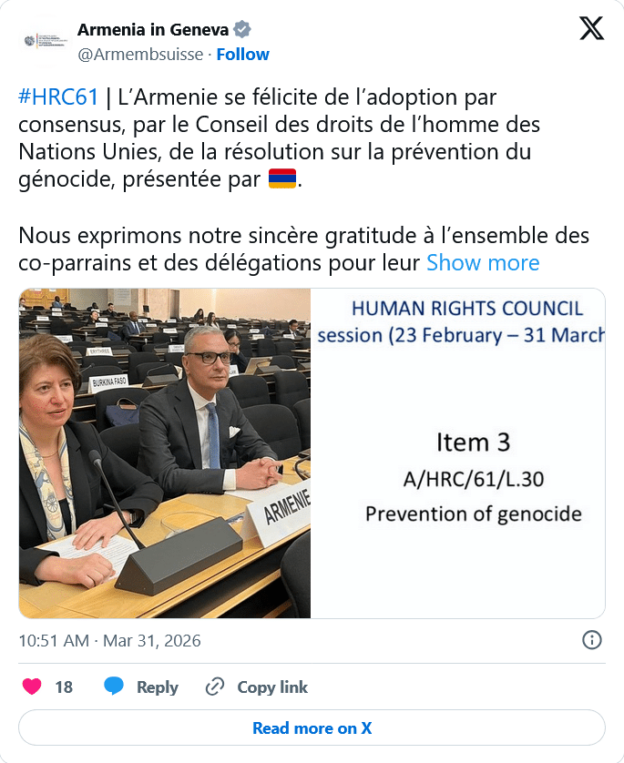 Armenia in Geneva : notre sincère gratitude à l’ensemble des co-parrains et des délégations pour leur soutien et leur engagement constructif