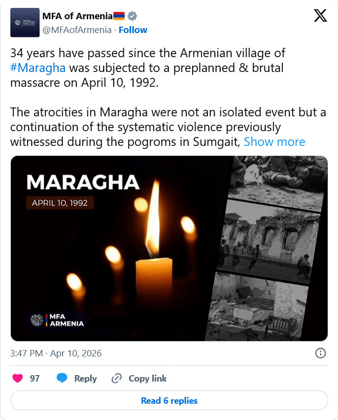 MFA Arménie : Cela fait 34 ans que le village arménien de #Maragha a été victime d&rsquo;un massacre brutal et prémédité, le 10 avril 1992