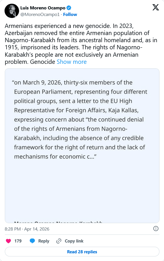 Luis Moreno Ocampo : Les droits du peuple du Haut-Karabakh ne constituent pas uniquement un problème arménien.