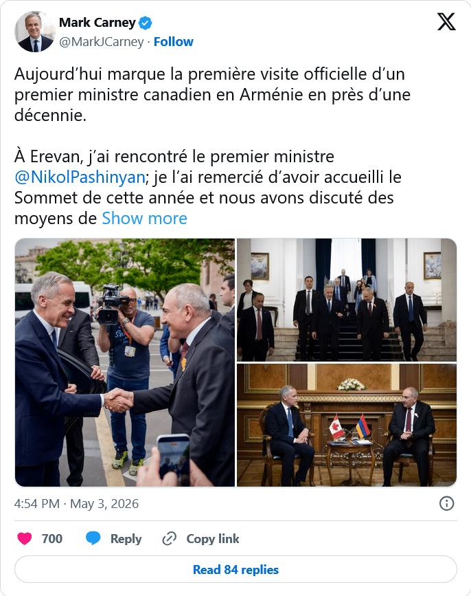 Mark Carney : première visite officielle d’un premier ministre canadien en Arménie en près d’une décennie