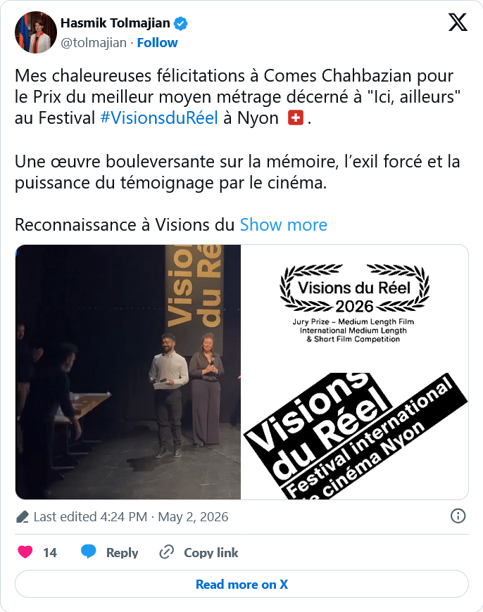 Hasmik Tolmajian : Mes chaleureuses félicitations à Comes Chahbazian