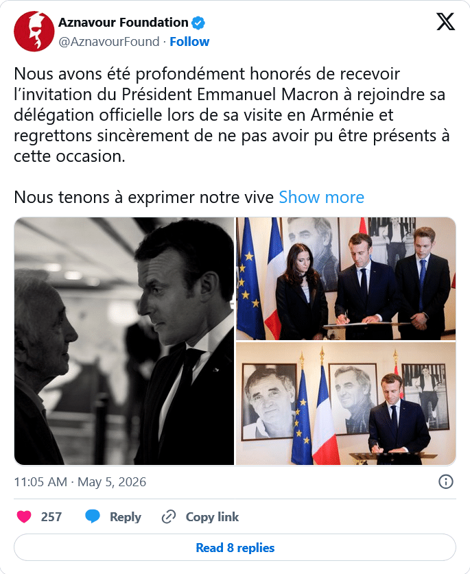 Aznavour Fondation : Nous tenons à exprimer notre vive reconnaissance au Président pour sa présence renouvelée en Arménie