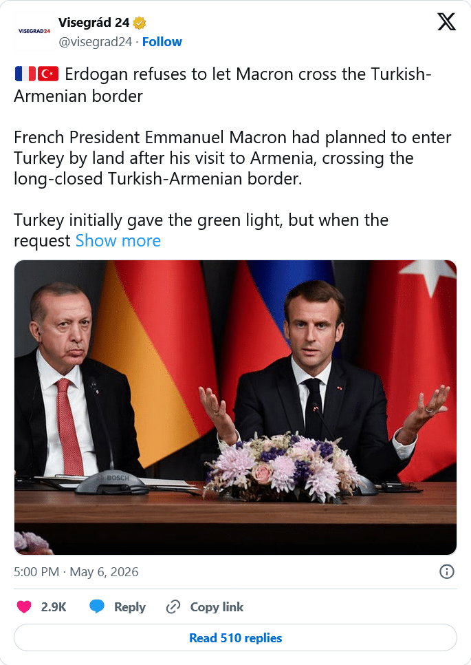 Visegrad 24 : Erdogan refuse de laisser Macron franchir la frontière turco-arménienne