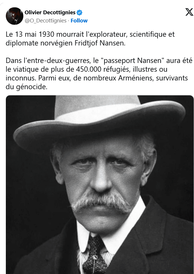 O. Decottignies : Le 13 mai 1930 mourrait l&rsquo;explorateur, scientifique et diplomate norvégien Fridtjof Nansen