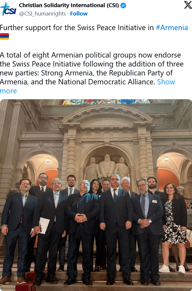 Christian Solidarity International :  huit formations politiques arméniennes soutiennent désormais l&rsquo;Initiative de paix suisse