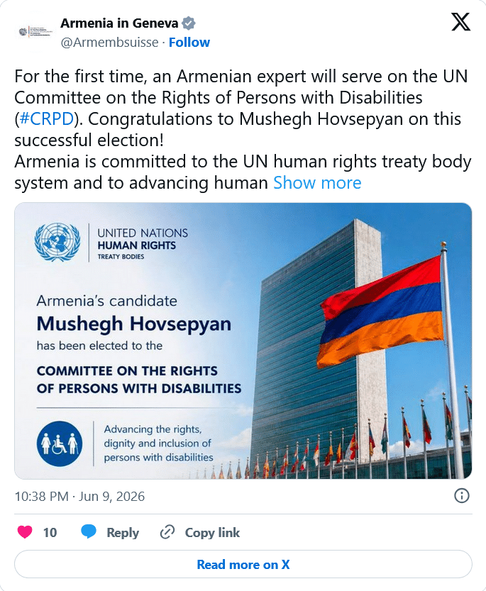 Arménie à Genève : Félicitations à Mushegh Hovsepyan pour cette élection couronnée de succès !