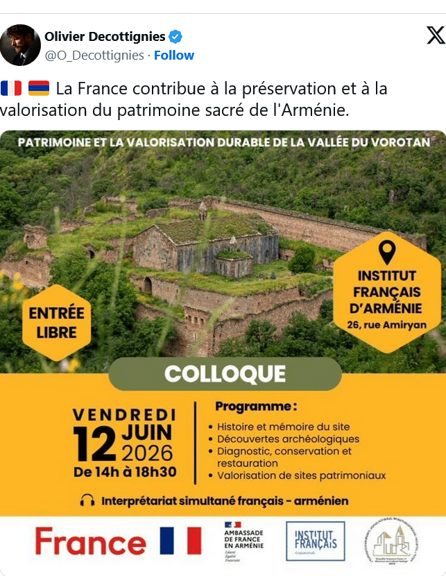 O. Decottignies : La France contribue à la préservation et à la valorisation du patrimoine sacré de l&rsquo;Arménie