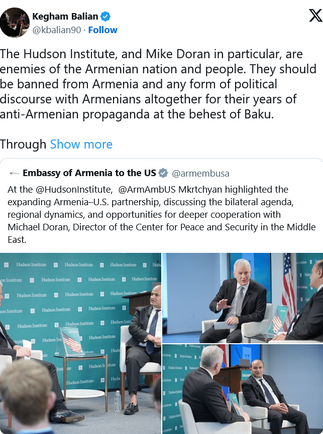 Kegham Balian : L&rsquo;Hudson Institute, et Mike Doran en particulier, sont des ennemis de la nation et du peuple arméniens